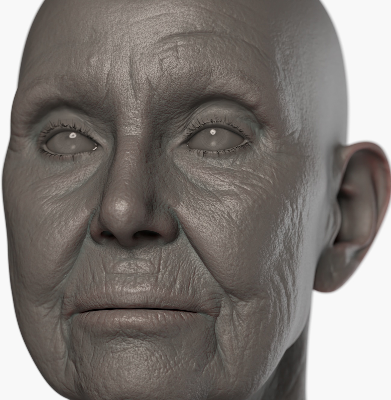 Clay render of an older female 3D head scan showing detailed skin pore and wrinkle surface geometry